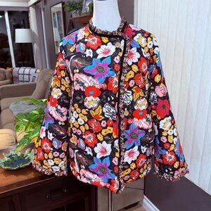 Bright Floral Quilted Jacket Fleece Lined Ruffle Velvet Trim Raglan Sleeve M